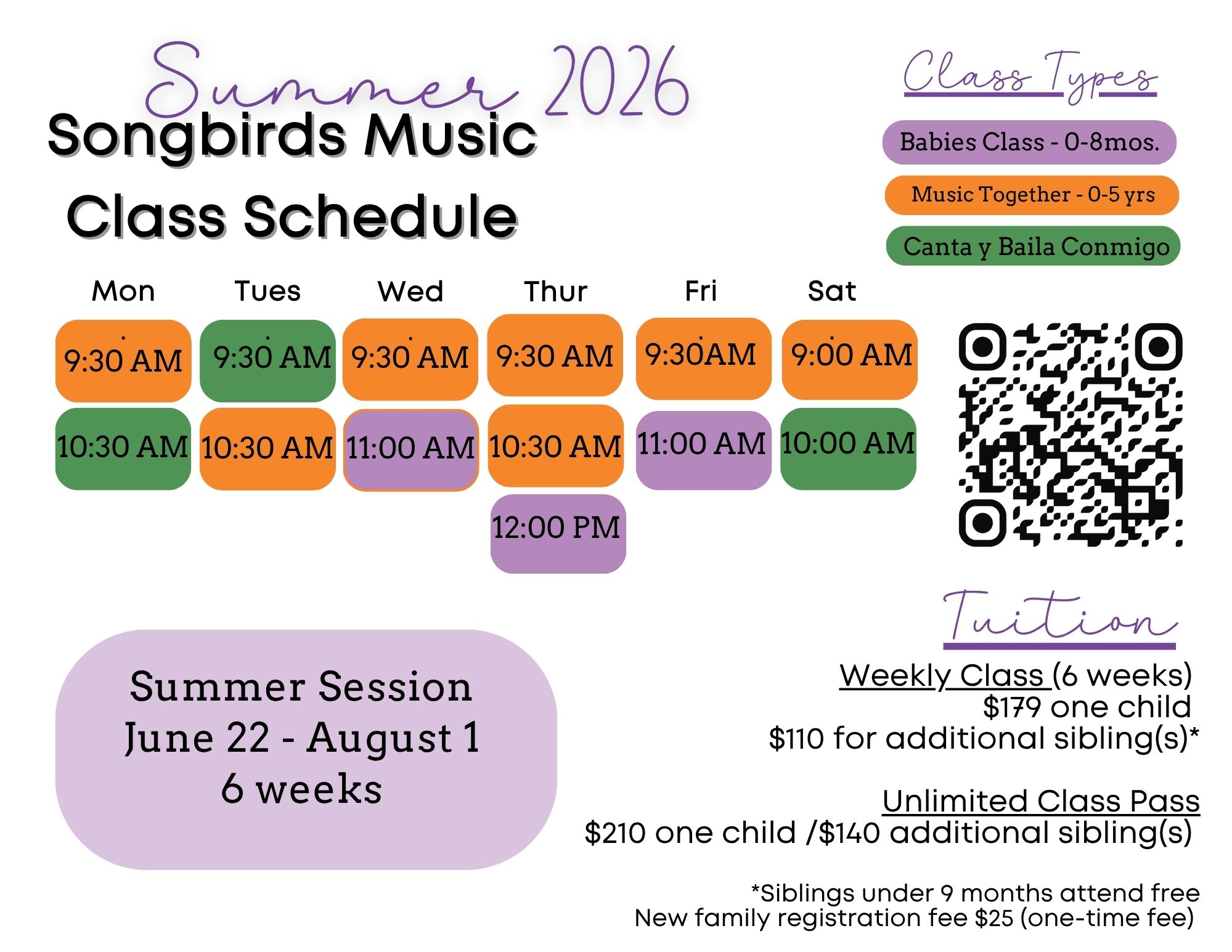 Summer Schedule 2026 summer class schedule kids music class San Diego